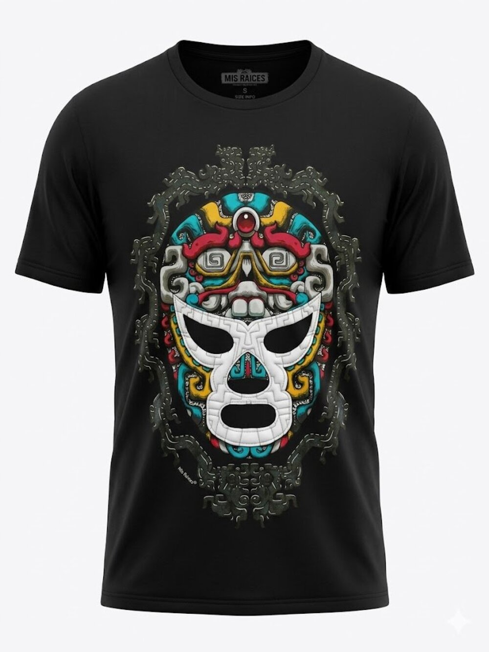 Mis Raices Luchador Mask Shirt Mens L Black Aztec Style Graphic Men's Black Tee